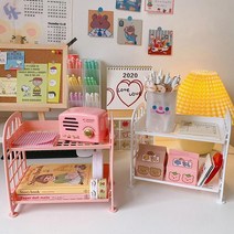 칼라 2단 미니 수납 선반 책상정리 무타공선반 장식대 팬트리선반 ㄷ자 문구 식탁정리대 네일진열장, 보라