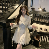 vsyoy 풍부한 딸 스타일 드레스 가을과 겨울 새로운 흰색 스티칭 메쉬 드레스 드레스 가을 스커트 기질 사교계 여성