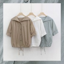 여름 빅카라 단추 반팔 셔링 허리스트링 블라우스 GM