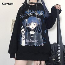 서울빈티지샵 스트릿웨어 Karrram 고딕 블랙 후드 여성 Anime Sweatshirt Oversized Dark Academia Alt 의류 중형 Grunge E Girl 하라