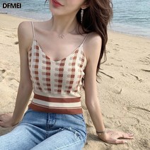 DFMEI 체크 나시 여 브이넥 쇼트 상의