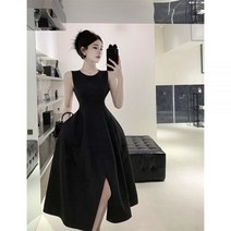 여성 프렌치 햅번 라운드넥 슬릿 트임 조거 원피스 럭셔리 이브닝파티 모임룩 드레스