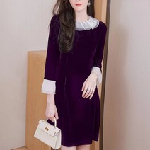 SJW 여성 벨벳 미디 원피스 라운드 러플 슬림핏 빅사이즈 봄가을원피스 하객룩