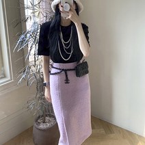 부클레 롱스커트 울 스커트 슬림 일자 치마 핑크 블랙