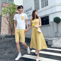 옐로우 체크무늬 민소매 A라인 롱 원피스 제주도 커플룩 시밀러룩 신혼여행 남자 반바지