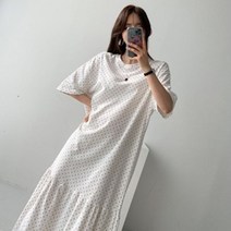 [워니쇼룸](땡땡이원피스)도트반팔주름원피스 O040901 롱원피스 루즈핏 맥시원피스 도트원피스 나들이룩 데이트룩 맘룩 미시룩