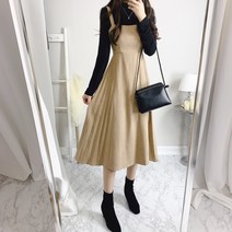 스퀘어넥 도톰 스웨이드 플리츠 롱 뷔스티에 원피스