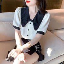 여름 리본 블라우스 여 디자인 느낌 퍼프소매 셔츠 프렌치 스터드 비딩 블라우스