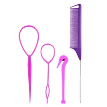 4pcs/set 프렌치 브레이드 도구 루프 탄성 헤어 밴드 리무버 커터 빗 스타일, 보라
