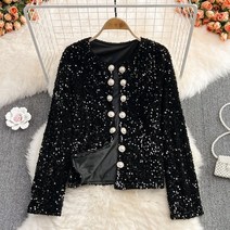 스팽글 자켓 노카라 트위드 여자 빅사이즈