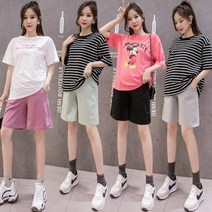 임산부 바지 여름 얇은 겉옷 순면 5부 트레이닝 바지 A라인 와이드 캐주얼 반바지