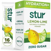 Stur 전해질 하이드레이션 파우더 | 레몬 라임 높은 항산화 물질 및 비타민 B 무설탕 GMO 프리 일일 수분 공급 운동 회복 케토 팔레오 비건 16팩 172372, 16 Count (Pack of 1), Fruit Punch
