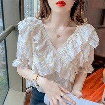 여성 반팔 티셔츠 프릴 블라우스 브이넥 반팔티 5부 반소매 면티 여자반팔티 인박카026
