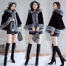 SAMARA 여성 가을겨울 세련된 퍼포인트 후드 망토 케이프 코트