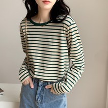 IBOY UGIRL 여성 봄 가을 스트라이프 라운드넥 긴팔 티셔츠