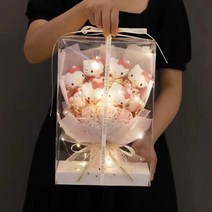 Tsintnl 포켓몬 인형꽃다발 피카츄 헬로키티 도라에몽 꽃다발 유치원 생일선물 학예회 졸업식, 6개 헬로키티+핑크 꽃다발+쇼핑백+LED등