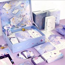 다이어리 꾸미기 세트 다꾸 문구세트 3D입체 팝업박스 어린이 선물세트 선물종이백포함, 달빛 우주여행(퍼플)선물종이백포함