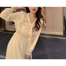 Y.GA 봄 여름 가을 여성 롱 플리츠 쉬폰 원피스 여자 귀여운 브이넥 긴팔 플라워 원피스