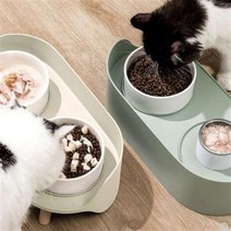 고양이2구식기 밀리지않는 반려묘 밥그릇 강아지 식기 도자기 물그릇, 화이트