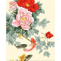 DIY그림색칠하기 감나무 고양이 모란꽃 잉어 조롱박 행운 복을 얻게 되는 재물부귀 수묵동양화 그리기 선물용 집에서 즐기는 집중력향상 감압 피포페인팅 40*50CM, 부귀재물도그리기10번-액자프레임포함
