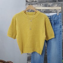 상상그이상 여성용 국내제작 홀리 하찌 울반팔 라운드넥 니트 신축성좋은 부드러운소재 무지 캐주얼 데일리 반팔니트