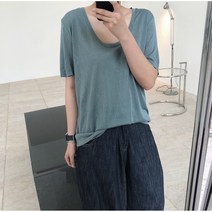 WEINI여름 게으름뱅이 T 나른한 슬라브 기본 단색 U넥 반팔 티셔츠 루즈핏 날씬해 보이는 청량한 상의 여자