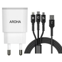 국산 아로하 2.1A 2usb 휴대폰 멀티 충전기 갤럭시 아이폰 호환 1.2M 케이블 포함, 충전기1개+3IN1(5핀8핀C타입) 케이블1개
