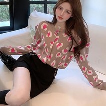 기타 여성 레오파드 간절기 버튼 라운드넥 니트 가디건