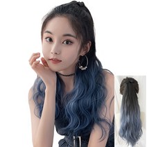 가발위드 웨이브 히피스타일 묶음 끈 포니테일 가발, 투톤블랙블루, 1개