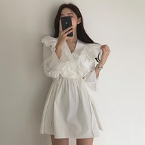 2022 초가을 빈티지 넥 크로스 프릴 스트링 조거 플레어 소매 숏 원피스