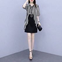 여름 신작 루즈한 페이크 투피스 원피스 살찐 언니 쉬폰 루즈한 뱃살 슬리밍 스커트 에이징 흑백 원피스 L 제안 [95-110 catties]