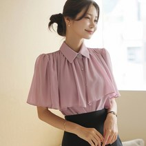 BLO255 쥬얼 원버튼 셔링 쉬폰 케이프 블라우스