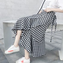 여성 봄 여름 체크 롱 랩스커트 데일리 A라인 롱치마