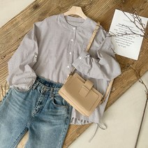 여자 심플 롤업소매 차이나카라 스트링 블라우스
