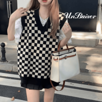 UNBAISER 캐주얼 오버핏 빅사이즈 힙합 바둑판 체크 니트 조끼 베스트
