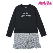 애플핑크 체크 배색 프릴 레터링 원피스