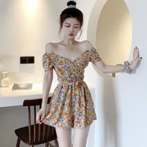 여성 프렌치 일자넥 캐주얼 플라워 쉬폰 작은키 점프 슈트 YMY23032743