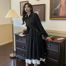 데님셋업 치마투피스세트 블랙 셔츠 원피스 여성 캐주얼 학교 미디 카라 봄 가을 패션