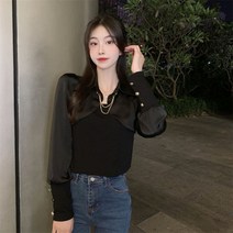 가을 캐주얼 셔츠 여성블라우스 프렌치 시크 투피스 숄 긴팔 여 겉옷 유니크한 디자인 유니크 배색 쇼트 상의