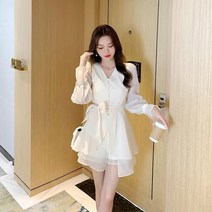 블라우스 숏팬츠 투피스 세트 아나운서 의상 허리리본 레이스 쉬폰 브이넥