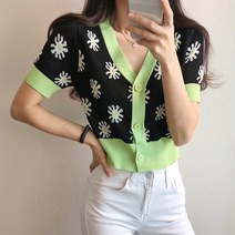 요시아나 [당일발송] 데이지 플라워 배색 크롭 가디건 -2컬러