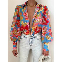 리본블라우스 왕리본 우아한 옷깃 싱글 브레스트 비치 블라우스 패션 패턴 프린트 느슨한 셔츠 Blusa 여성