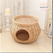 Makone 상표등록 강아지 고양이 숨숨집 라탄하우스, 벌꿀색(쿠션+대자리)