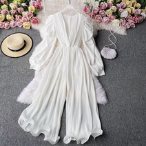 V넥점프수트 가을 프렌치 클래식 벌룬소매 드롭 드레이프 플리츠 빅진 부츠컷 멜빵바지 2291974715