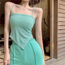 카미솔 여성용 여름 불규칙 삼각 목도리 hot girl short pure desire 검은색 외투 내통 상의 귀여운 짧은 상의 여성용, 녹색.