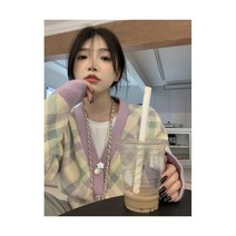 라운드넥 퍼플 겨울 꽈배기 폴라 스웨터 연보라니트 Gaganight용 트윌 체크 무늬 가디건 재킷 가을 달콤하고 부드러운 v넥 니트 버전