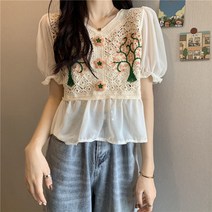 프렌치 플라워 쉬폰 반팔 상의 여성 여름 2022 러블리 펀칭 자수 숏 벌룬소매 와이셔츠