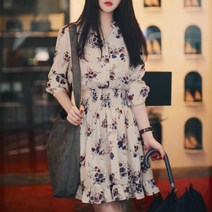 봄날 원피스 하객 랩 플레어 쉬폰 소매 허리 밴드 OPC002 로맨틱 브이넥 롱