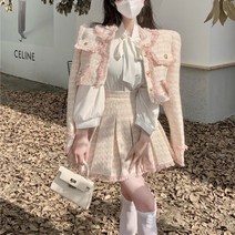 여신룩 트위트 크롭 코트 플리츠 스커트 정장 투피스 세트 하객룩 결혼식 상견례 데이트룩