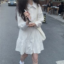 POMTOR 봄가을 화이트 원피스 자녀 긴팔 A라인 셔츠 스커트